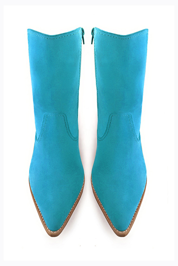 Turquoise blue women's ankle boots with a zip on the inside. Tapered toe. Medium cone heels. Top view - Florence KOOIJMAN